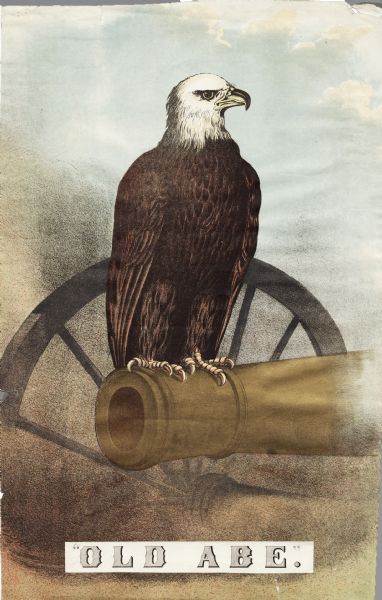 Chromolithograph portrait of "Old Abe," eagle mascot of Company C, 8th Wisconsin Regiment (the Eau Claire Eagles). Old Abe is perched on a cannon with his head to the right. At the bottom of the image is an in depth history of the war eagle. Sold by Milwaukee Sentinel for "$.15 a piece or $.10 by 100 or 1000 for Benefit of Soldiers Home".