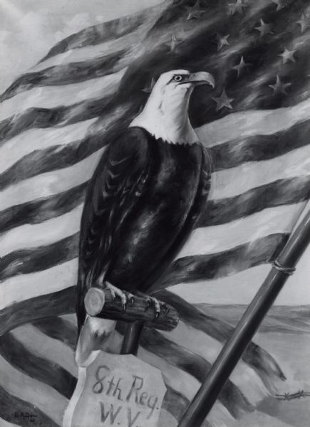 Photograph of a painting of "Old Abe" by L.A. Dow, 1905.  The original painting is in the War Museum, Wisconsin State Capitol, Madison, Wisconsin.  

Old Abe is perched on a shield with "8th Reg. W.V." written on it.  The American flag unfurled behind him. He is facing forward with his head to the right.