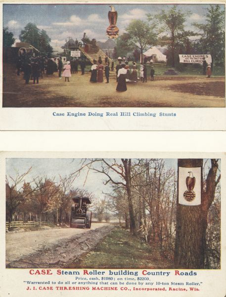 The eagle "Old Abe" was used for many years by J.I. Case Company, of Racine, Wisconsin, as the firm's trademark, and is shown on these advertising cards issued to promote their agricultural and other machinery.

The cards feature small Old Abe logos.  The first card has at the bottom: "Case Engine Doing Real Hill Climbing Stunts". The second card has at the bottom: "CASE Steam Roller building Country Roads".