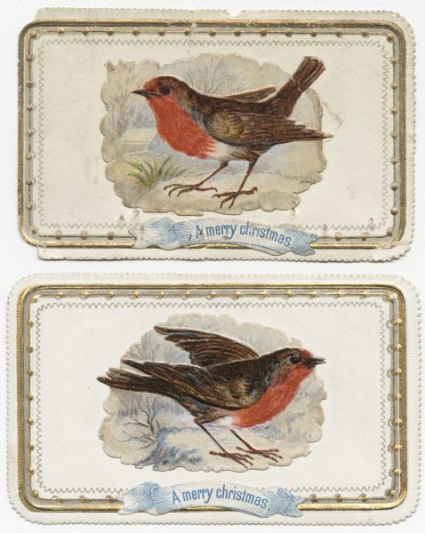 Two holiday cards with European Robins. Robins are a symbol of Christmas in Great Britain.  Caption reads: "A merry christmas." Chromolithograph. Images and greetings are embossed and glued to cards.