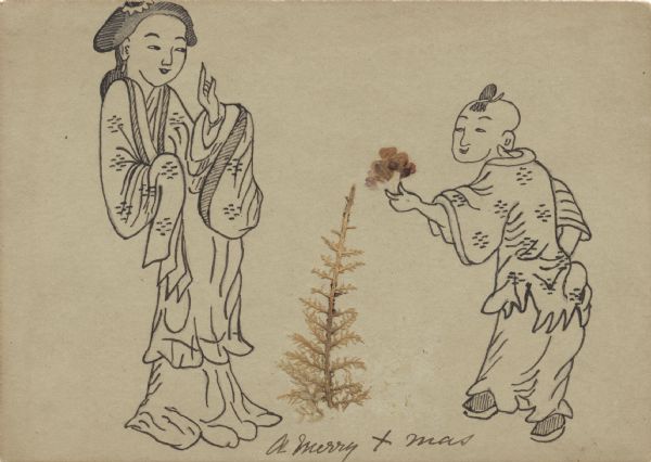 A black and silver, hand-drawn, pen and ink holiday card with an Asian theme. A woman and a young man are facing each other, and a dried flower and sprig of foliage are attached between them. Handwritten note at the foot reads: "A Merry Xmas."