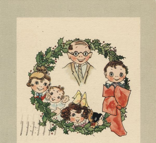 Holiday postcard with a tinted drawing of a family. A father, mother, son, daughter, baby and a cat. In the background is a wreath of holly with a red bow.