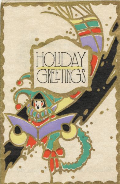 Holiday card of a stylized caroler holding a songbook and a wreath. Her scarf is blowing in the wind. The text "Holiday Greetings" appears in a sign in the center. Letterpress, black, green, yellow, purple red and metallic gold.