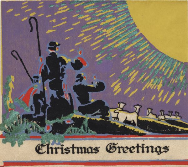 Holiday card with shepherds holding crooks and their sheep in the hills under the Christmas star. The text "Christmas Greetings" appears at the bottom. Letterpress, black, purple, yellow, red, light blue and metallic green.
