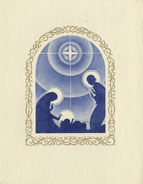 Holiday card of a silhouette of a nativity scene with Jesus in the manger, the Virgin Mary and Joseph. The Christmas star shines overhead. The nativity scene is printed in blue by letterpress and an ornate metallic gold frame is printed by thermography.