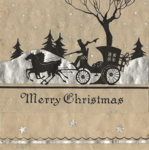 Holiday card of a carriage drawn by two horses. Snow and trees are in the background. A man in a coat, scarf and top hat is driving. It is snowing. At the bottom the text reads: "Merry Christmas." Letterpress in black and metallic silver on parchment paper.