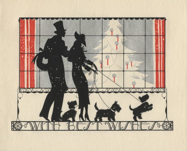 Holiday card with a silhouette of a couple and their three Scottie dogs walking in front of a big picture window with red drapes and a pine tree decorated with candles and garland. The man holds a wreath and the women holds the dogs on leashes. Snowflakes are swirling by. They are standing on a rectangle with the text "With Best Wishes." Printed in black, red and metallic silver ink.