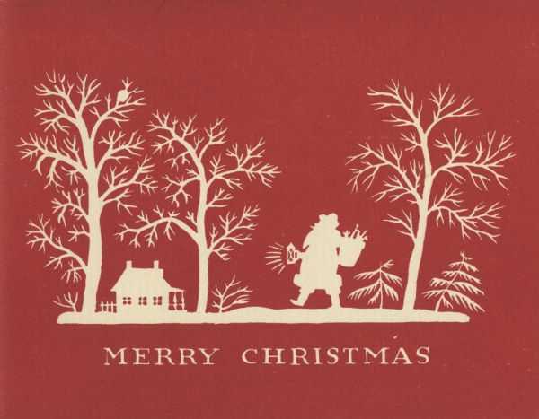 Holiday card of a silhouette of Santa Claus with a basket of toys and holding a lantern, walking towards a house, snow and trees. Below is the text "Merry Christmas." The background is red and the image is white. Printed on textured paper.