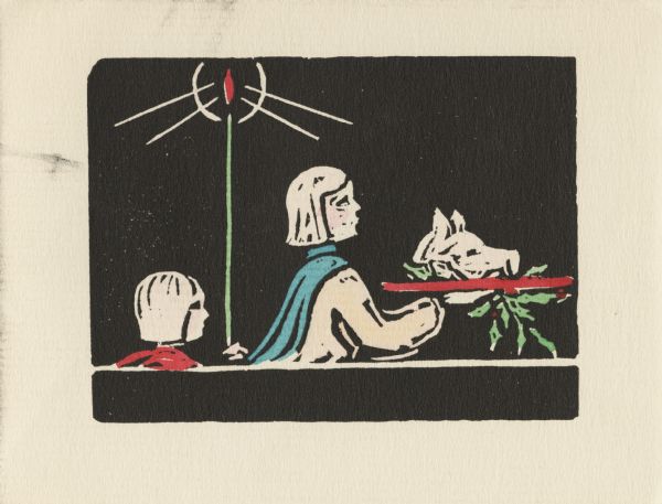 Holiday card with a woman carrying a boar's head on a platter decorated with holly, and a child following. The background is black, with light coming from a tall candle. Letterpress, black, green, blue, red and pink inks on textured paper.
