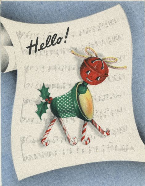 Holiday card with an animal made out of Christmas elements. A bow, two bells, holly and candy canes. It is positioned on a sheet of music, and behind that is a blue background. The word "Hello!" is in the upper left corner.