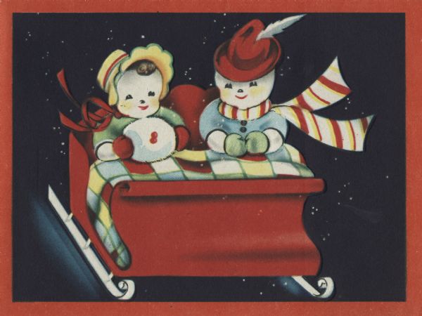 Holiday card with a snow man and woman riding in a sleigh. They are wearing coats and have a plaid blanket on their laps. He is wearing a hat with a feather, a striped scarf and green mittens. She is wearing a bonnet, a white fur muff and red mittens. The background is black with white snowflakes. Image is embossed.