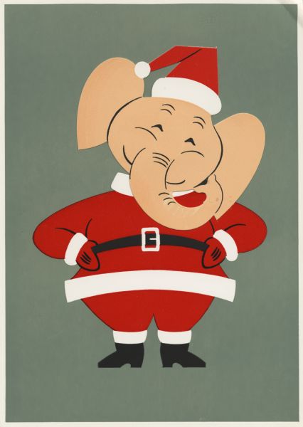 Holiday card with an elephant dressed as Santa Claus. His head is die cut and mounted on the card with a spring so his head bobs. On the inside (not shown) the text reads: "Best Wishes for the Holidays! Attorney General and Mrs. Duke Dunbar." Duke Dunbar was the Republican Attorney General for Colorado from 1951 to 1973. Letterpress, black, tan, red and green ink, and gloss varnish.