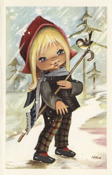 Holiday card with girl dressed for winter. She holds a shepherd's crook with a bird sitting on it. Trees and snow appear in the background.