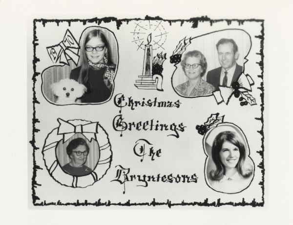 Photo holiday greeting card of the Brynteson family. Four portraits show the various members of the family, including a dog.