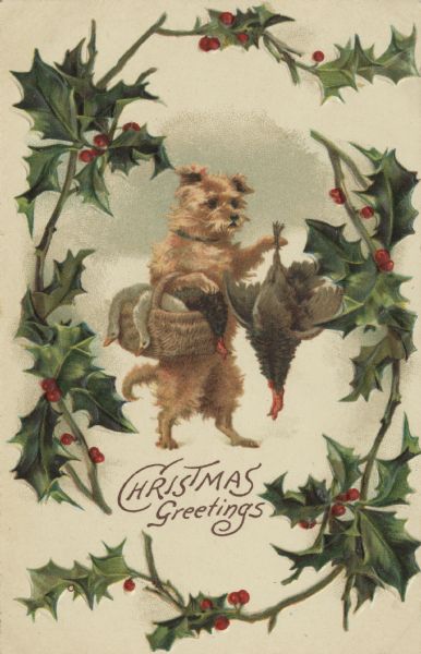 Holiday postcard with a brown terrier dog standing upright on his back feet. He is holding a dead turkey by the feet in his left paw and a basket of dead turkeys and geese over his right paw. He is surrounded by holly. The text: "Christmas Greetings" is below the dog. Chromolithograph. Holly is embossed. Printed in Germany.