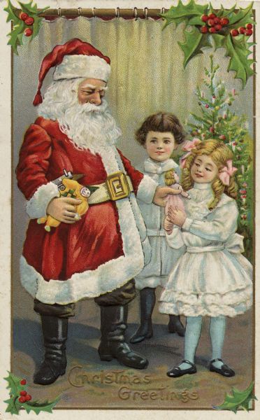Holiday postcard with a white and metallic gold border depicting Santa Claus handing a doll to a girl as a boy is looking on from the background. The children are both wearing white outfits. Santa is wearing his traditional white fur-trimmed red suit and hat, and his boots are black. He is holding toys in his right hand. A small Christmas tree and white drapes are in the background. Holly is decorating the four corners of the postcard. The text: "Christmas Greetings" is in gold at the bottom. Chromolithograph. The image is embossed.