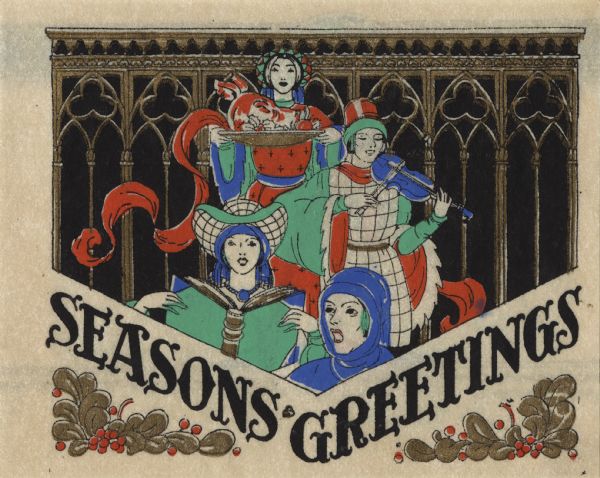 Holiday card with two carolers, one violin player and a woman carrying a boar's head on a platter. In the background is a decorative gold fence over black. In the lower corners are foliage and berries. The text "Seasons Greetings" appears at a slant below. Letterpress, black, red, green, blue and metallic gold ink.