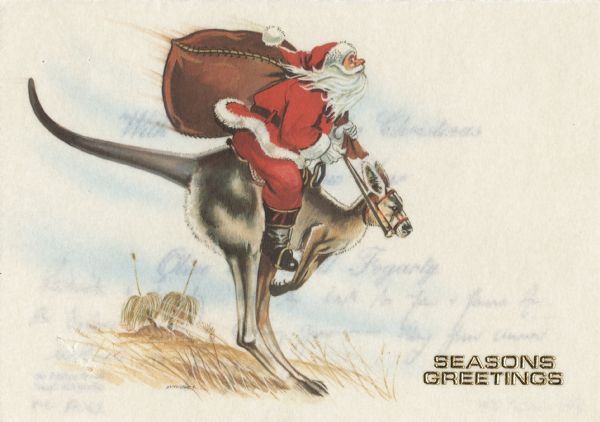 Holiday card depicting Santa Claus riding a kangaroo. The kangaroo has a saddle and bridle, and Santa is wearing his traditional red suit and hat with white fur trim and has a large sack on his back. Grasslands are in the background. "Seasons Greetings" is stamped in the lower right corner with gold foil. Offset lithography.