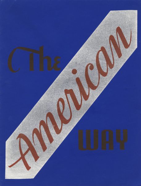 Holiday card that reads: "The American Way." Dark blue paper, with a diagonal metallic silver bar which has the text "American" inside of it. On either side of the bar is written "The" and "Way." On the inside (not shown) is a map of the United States showing that the Kuehners live in Raymond, Washington, and the message "-is the best way to say Merry Christmas and A Happy New Year." Letterpress.