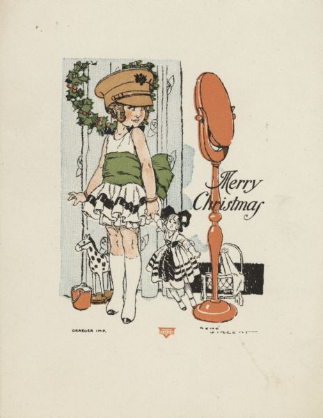 Holiday card with a young girl looking at herself in the mirror. She is wearing a white dress with a green sash, white stockings, black shoes and a military uniform hat. She is holding a doll in her left hand. Other toys and a holly wreath appear in the background. The YMCA emblem appears at the foot. Chromolithograph.