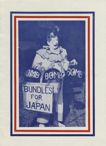 Holiday card with a clown holding three balloons that have "BOMB" painted on them, one in his left hand and two in a basket held in his right hand. A sign hangs from the basket that says: "Bundles For Japan." The card has a red, white and blue border. On the inside (not shown) is the text "and Holiday Greetings To You." Letterpress.
