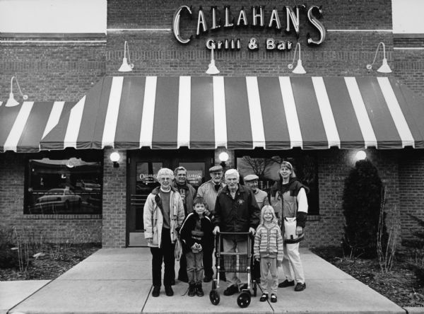 "Our group is joined by Kay Widmer-Hren, Parker & Carly, at Callahan's Grill & Bar at 121 North Pioneer Road, Fond du Lac."

From left to right; Shirley Widmer, Ralph "Buddy" Ruecker, Parker Hren, John Bodden, Ralph "Buddy" Ruecker, Rudy Heinecke, Carly Hren, and Kay Hren.
