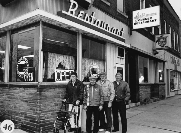 "This Friday our group travels to Waupun, to dine at Jo's Corner Restaurant at 435 E. Main." From left to right; Ralph Widmer, Rudy Heinecke, John Bodden, and Ralph "Buddy" Ruecker.