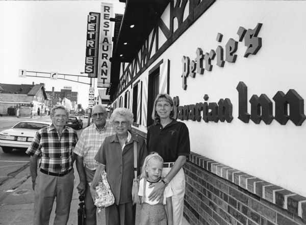 "Kay Widmer-Hren and her daughter Carly, join us at Petrie's Bavarian Inn in Fond du Lac, WI." From left to right; Ralph "Buddy" Ruecker, John Bodden, Shirley Widmer, Kay Hren, and Carly Hren (child).