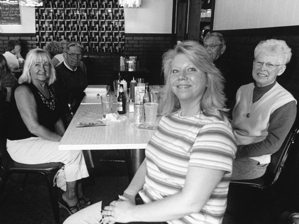 "Gen was our waitress at TNT Bar and Grill." From left to right; Sandy Miller, Ralph "Buddy" Ruecker, Carl Bernhard, Shirley Widmer, and Gen.
