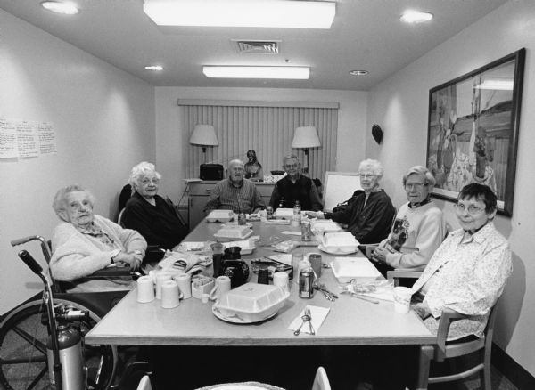 "At Hope Rehab Center they gave us a nice room where we could meet with former Theresa residents. Clockwise they are (residents marked with an *) *Rogeen Franzen, *Lucy Greiner, *John Bodden, Carl Bernhard, Shirley Widmer, Ralph Ruecker, and his sister, *Mary Lou Zangl. This the last fish fry we had with Carl Bernhard, who passed away on April 1, 2009." John Bodden, who joined the Widmer's on many Fridays, is now a resident at Hope.