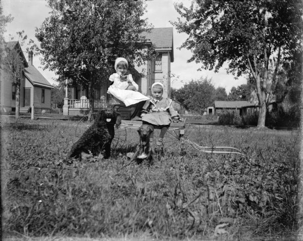 Two children pose on a lawn seated on a buggy; one child holds a kitten, and another kitten sits in the wagon near the other child. Two dogs sit on the ground in front of them. There are houses and outbuildings in the background.