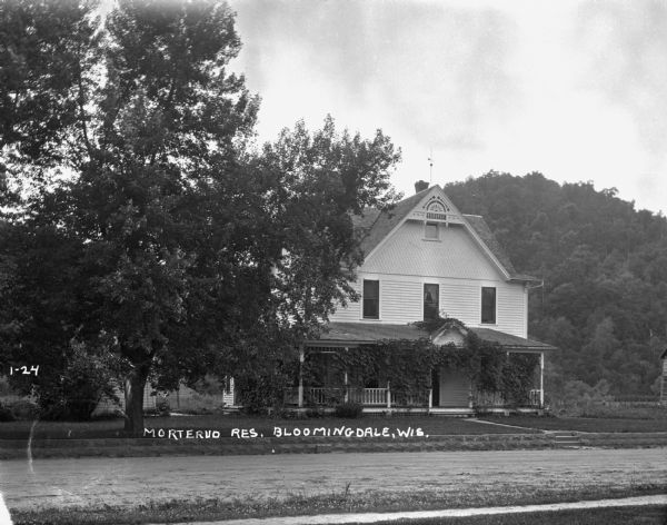 View across road of exterior of the Morterud's home. Vines cover much of the porch.