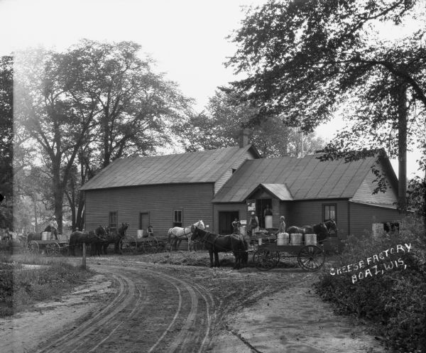 Horses and wagons carrying aluminum barrels are standing outside the cheese factory. Workers pause from work to pose. Each worker wears overalls and a hat.