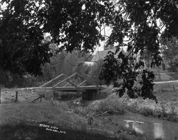 View of a bridge over a stream. In the foreground is a tree. Residential homes are in the distance.