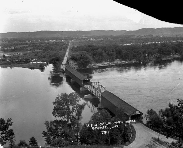 Elevated view of a bridge crossing the Wisconsin River.