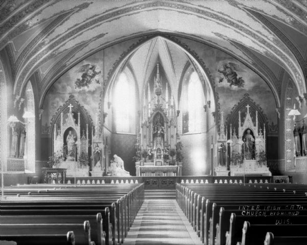 Interior of the International Irish Catholic Church, facing the altar.