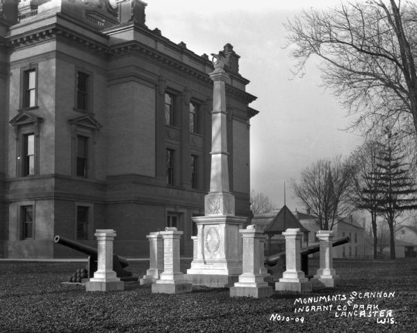 "The First Civil War Monument" outside the Grant County Courthouse. The monument is dedicated "to the memory of the brave soldiers of Grant County who fell in defense of universal liberty in the great rebellion of A.D. 1861."
