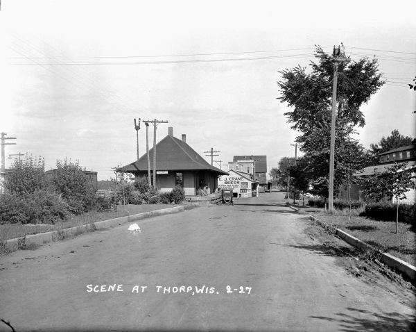 A street scene with the train depot on the left. An automobile parked on the street side. A seed store on the next block with someone entering it. There is a cheese company in the background.