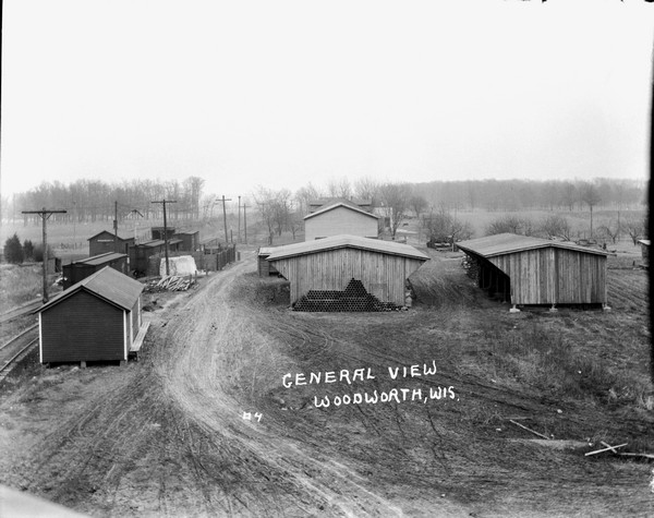 Elevated view of the railroad yards. There are numerous sheds and buildings, and piles of fuelwood and lumber. Freight cars are lined up on the tracks in front of the depot.
