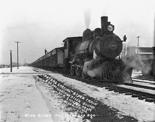 View from snowy ditch looking down side of stock train. The engineer is looking out of the locomotive window, and another man stands on the tracks near the side of the locomotive on the right. Another man stands atop one of the railroad cars. Title: $40,000 Worth of Stock Bound for Chicago from Blue River, Wis."