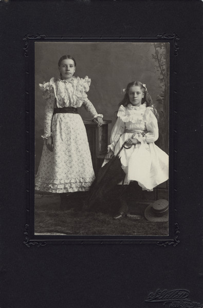Portrait in front of a painted backdrop of Emma Schmitt (the future Mrs. Sherwin Gillett) and her sister Elena. The frame has the S. Gillett imprint, but the image is from years before they married.