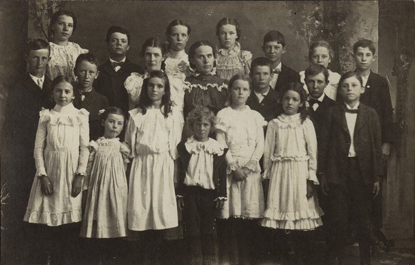 Emma Schmitt's (the future Mrs. Sherwin Gillett) Sunday School class. Emma is in the first one on the left in the first row.