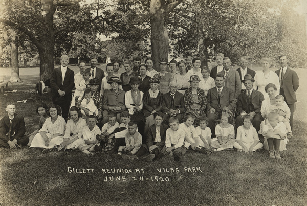 Outdoor group portrait of the extended Gillett family at a reunion.