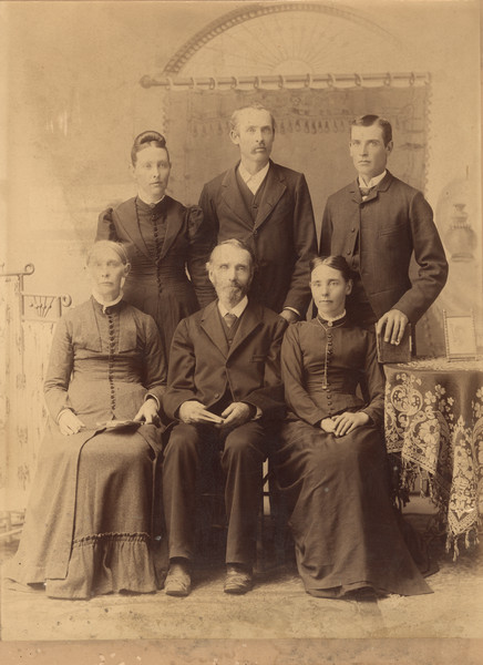 Seated from left to right; Martha, Rufus and Emma. Standing from left to right; Martha, Harris and Myron. The 1870 US Census has the family configuration as: Rufus, head, Martha, wife; Emma, daughter (b. 1853); Harris, son (b. 1856); Myron (b. 1858); Martha, daughter (b. 1860). Emma Atwood is Sherwin Gillett's mother.