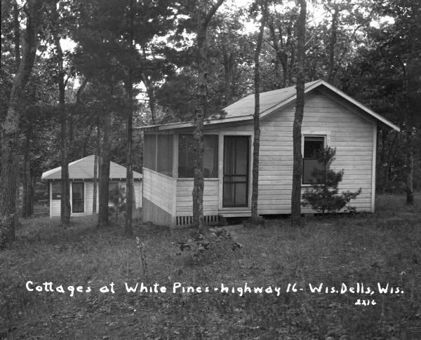 Two small guest cottages surrounded by woods. Both cottages have screened-in porches.
