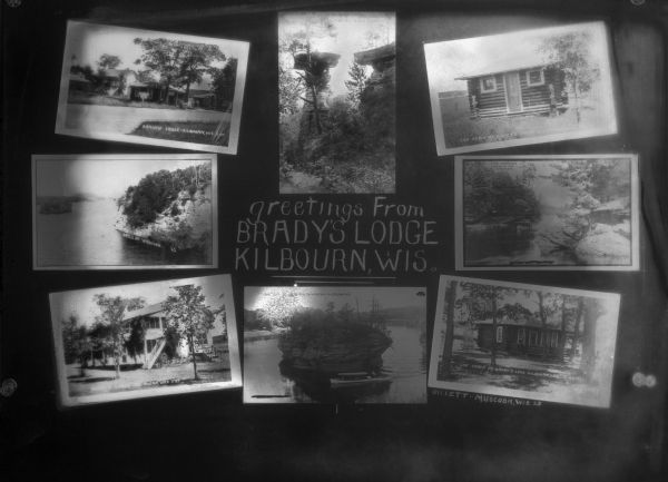 A collection of eight images of Brady's Lodge and other sights around the Dells. Includes the main building, cabins, views of the Wisconsin River, tour boats and rock formations.