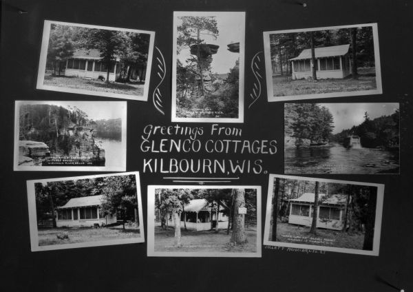 A collection of photographic images from Glenco Cottages and other Dells sights. They are: Oss-Wasse Cottage, Sunset Rock at Witches Gulch, Wau-Ka-Wan Cottage, Standing Rock, the Glenco Store, Glen Ellyn Cottage, a paddleboat at the Narrows, and Kana-Wau-Ka Cottage.