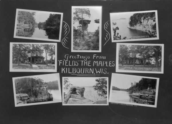 A collection of views of a guest house at Broadway at Capitol, and sites around the Dells, including: The Narrows of the Dells of the Wisconsin River, Standing Rock, Sunset Rock at entrance to Witches Gulch, Demons Anvil, and Along the Shore at the Pines (Spoonholder).