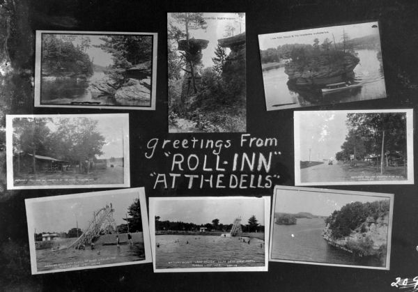 A collection of images from Nettland's Roll Inn and other sites around the Dells including: the Narrows, Stand Rock, Lone Rock, and the beach at Lake Delton with a toboggan slide.