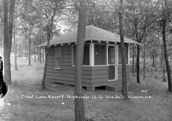 Exterior view of a small guest cottage, with a small screened-in porch, at Trout Lake Resort set amongst the trees.